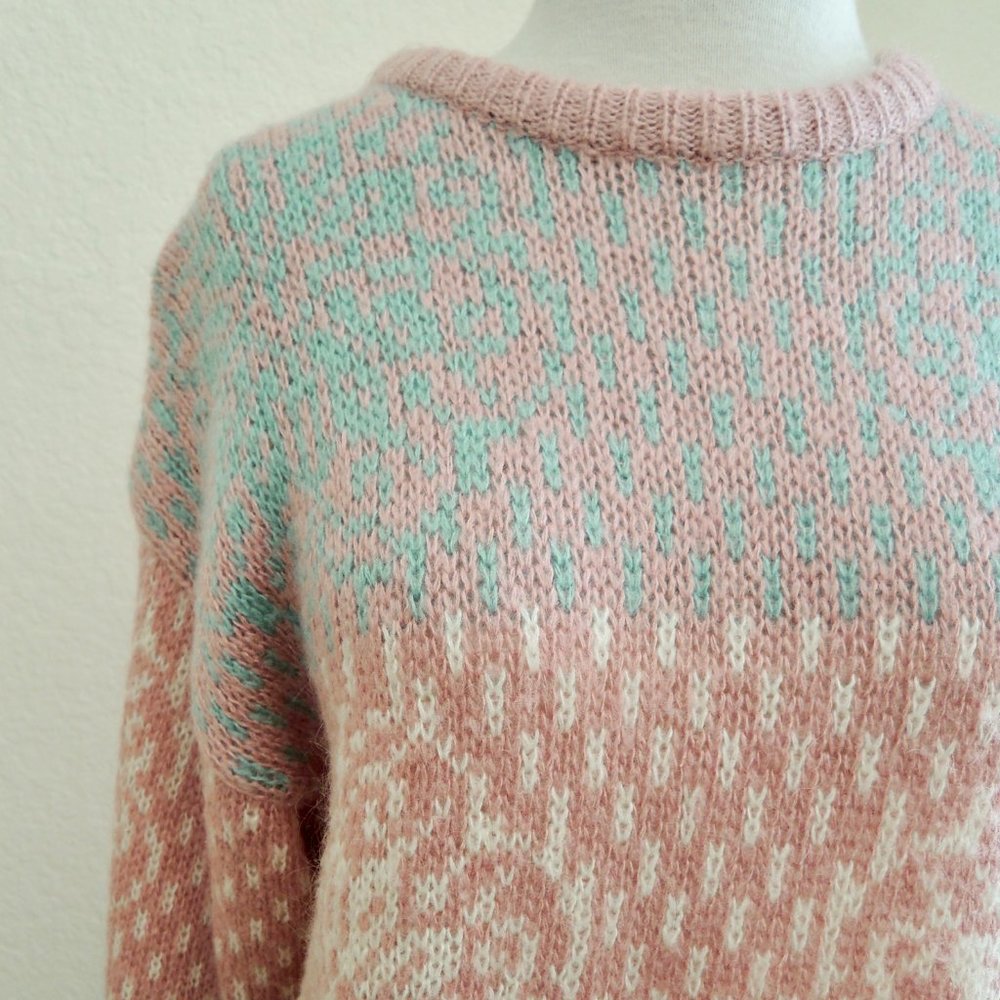 Blush Pink and Turquoise Knit Sweater- Vintage